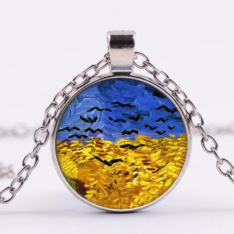 

Van Gogh Starry Sky Oil Painting Necklace Retro Sunflower Photo Glass Cabochon Pendant Necklaces Artist Jewelry Men Women Gifts