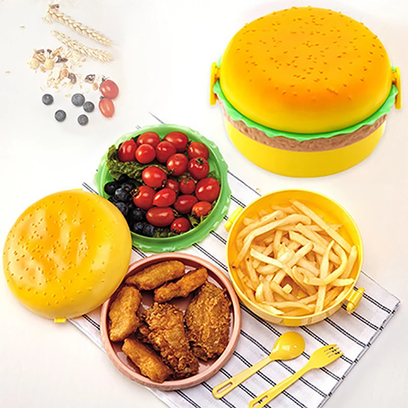 

Hamburger Lunch Box Double Tier Cute Burger Bento Microwave Children School Food Container Fork Tableware For Coconut Bowl Set