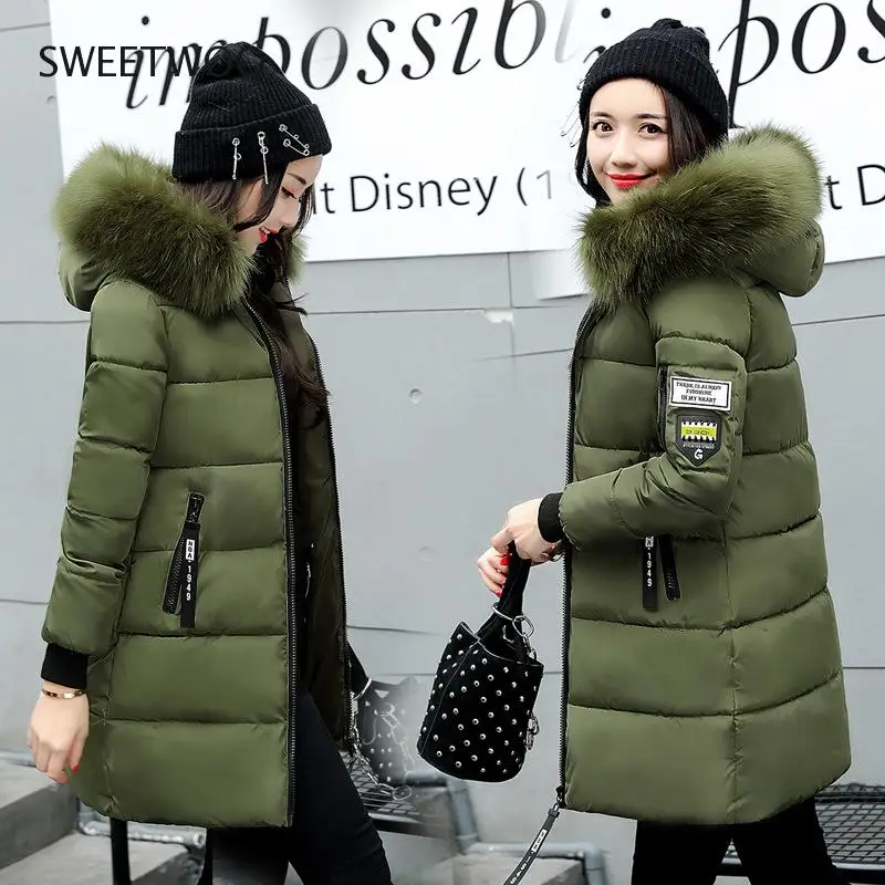 2022 New Korean Style Big Faux Fur Collar Down Jacket Coat Parkas Lolita Slim Winter Mid-Length Fashionable Cotton Women Zipper