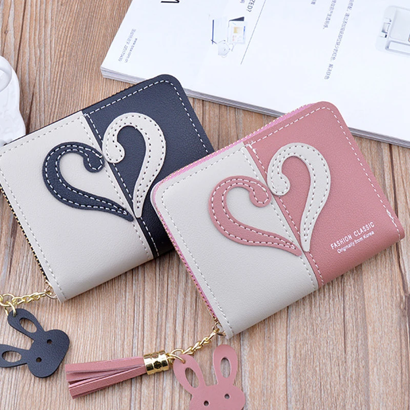 

Short Women Wallet Fashion Patchwork Small Zipper Purse Rabbit Tassel Wallets Female Simple Card Holder Mini Cute Money Clips