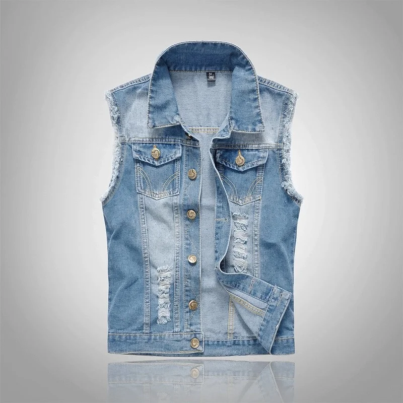 

Ripped Jean Jacket Men's Denim Vest Hip Hop Jean Coats Waistcoat Men Cowboy Brand Sleeveless Jacket Male Tank Plus Size 6XL