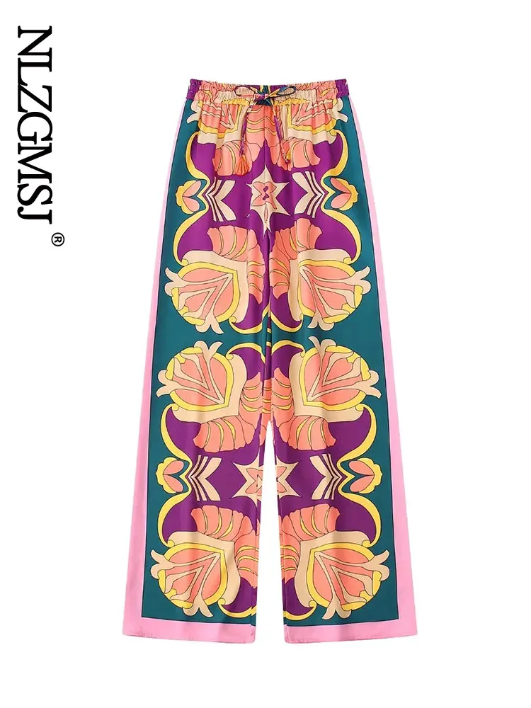 

Nlzgmsj Za 2022 Women Vintage Contrast Color Patchwork Print Wide Leg Pants Female Chic Pocket Zipper Long Trousers Pantalones