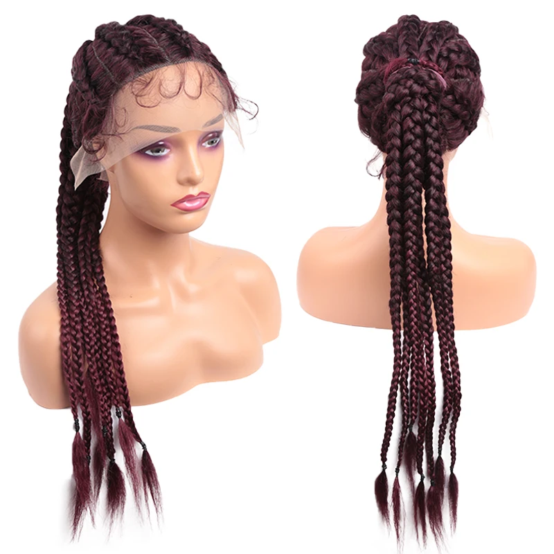 Synthetic Long Lace Hair Part Wig for Women Cornrow Box Braided Twist Wig With Baby Hair Black Dark Wine Braiding Wig Cosplay