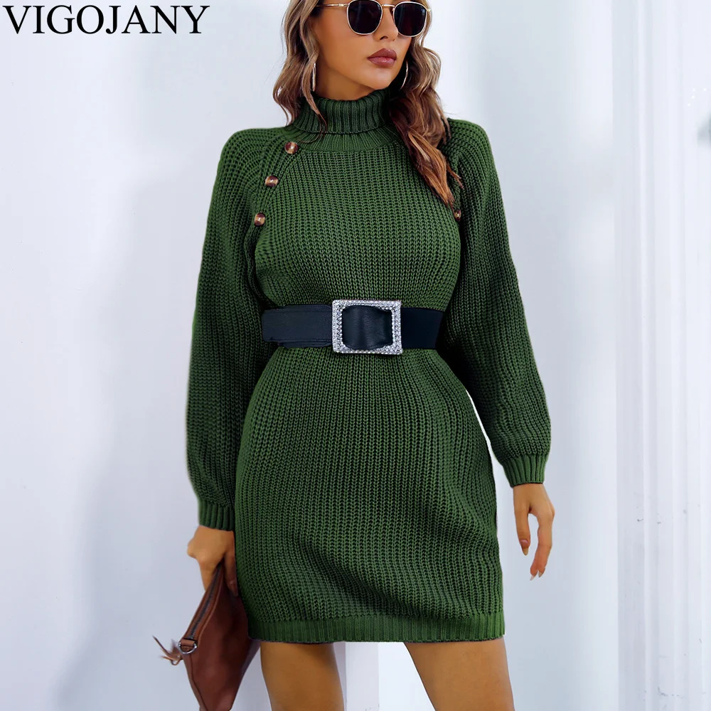 

Женское платье-свитер VigoJany с воротником-хомутом на пуговицах, Осень-зима 2022, вязаное мини-платье с длинным рукавом, женское вязаное платье с ...
