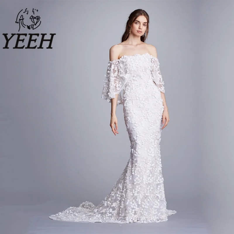 

Женское кружевное платье со шлейфом, с открытыми плечами