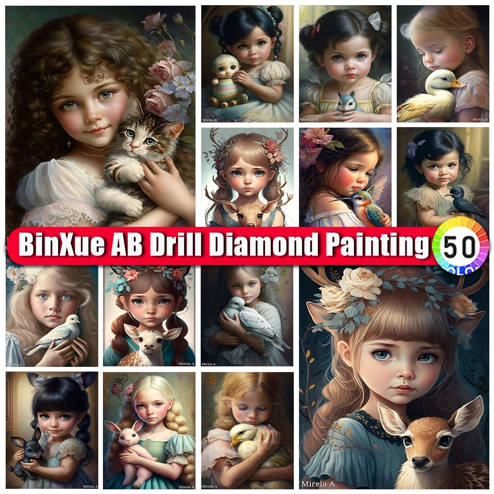 

BinXue Cartoon Big Eyed Girl AB Diamond Painting Animal Sika Deer Cross Stitch Bird Rabbit Handmade DIY Cat Mosaic Home Decor