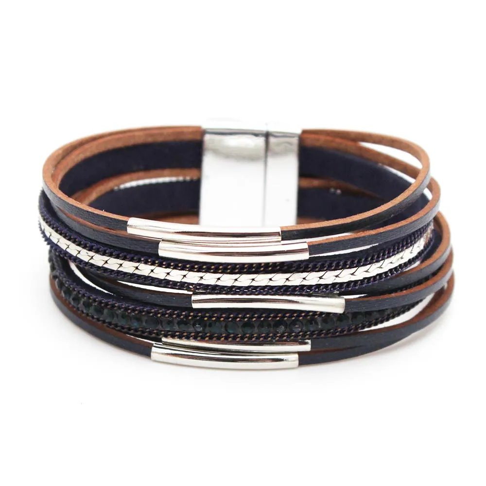 

Fashion Metal Beads Charm Woman Men Bracelet Magnetic Clasp Braided Multilayer Leather Wrapped Bangles Jewelry Gift