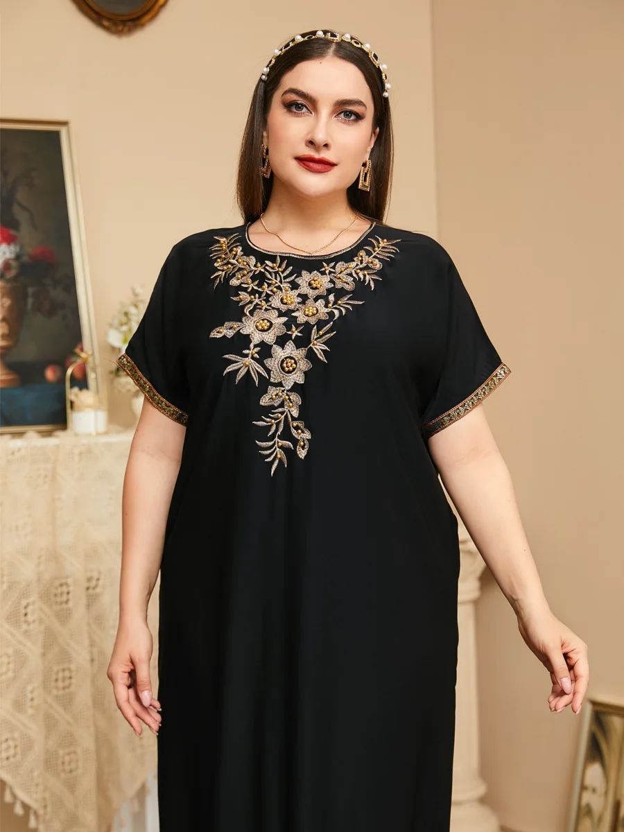 Large women's elegant embroidered beaded short sleeve dress long skirt plus size dresses