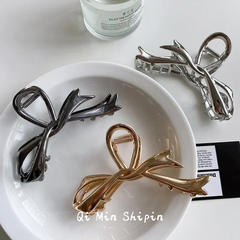 Women's Streamer Bow Hair Clip Metal Geometry New High Ponytail Shark Ornament Light Luxury Fashion Style