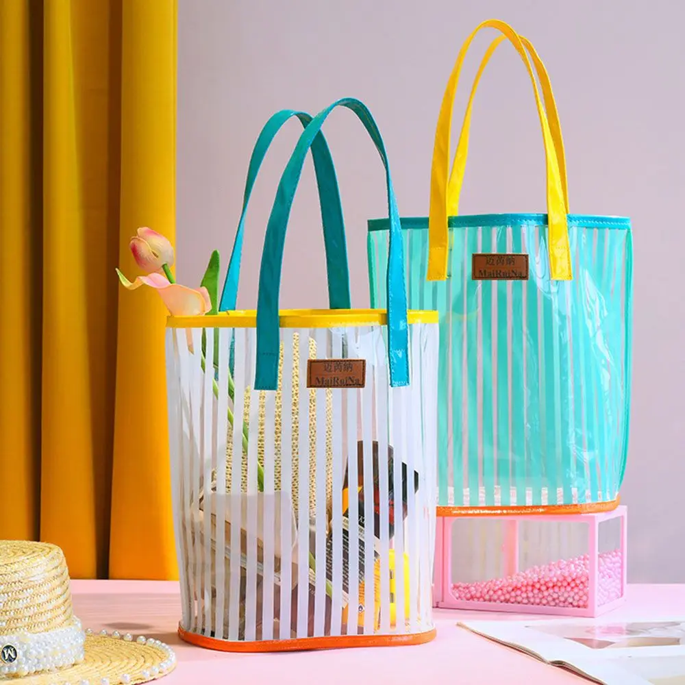 

Casual Makeup Pouch Cosmetic Bag Travel PVC Female Large Capacity Storage Bag Shopping Bag Striped Handbag Beach Bag