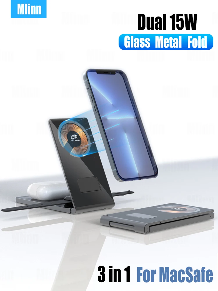 

3 in 1 Magnetic Wireless Charger Fold Stand Aluminum Glass Body Dual 15W Fast Charge For MacSafe Iphone 13 12 Samsung S22 Xiaomi