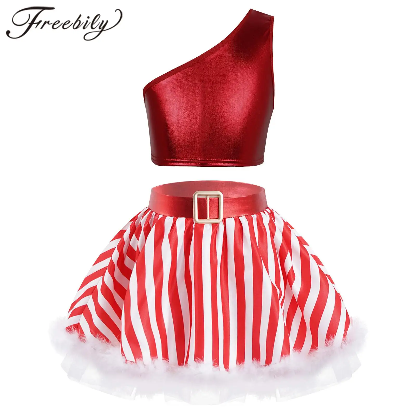 

Kids Girls Xmas Party Outfit Ballet Tutu Dress Metallic Crop Top + Skirt Set for Holiday Christmas Costume Performance Dancewear