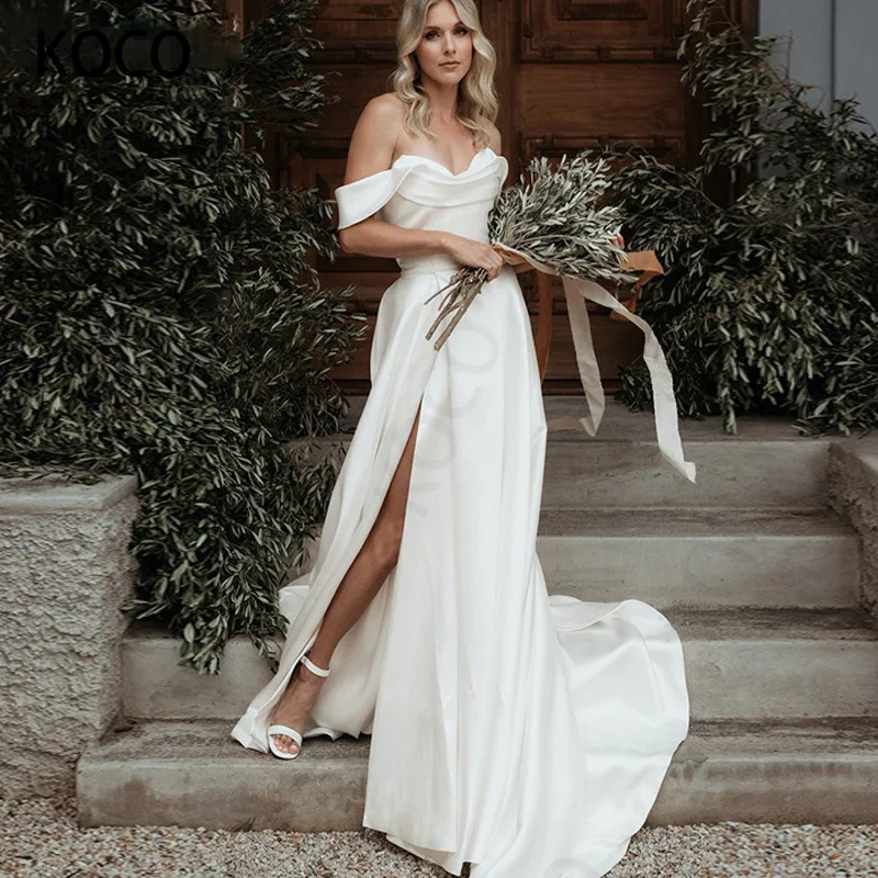 

MACDUGAL Wedding Dress 2022 Elegant Off Shoulder Satin Beach Bridal Gown with Split Simple Vestido De Novia Civil For Women