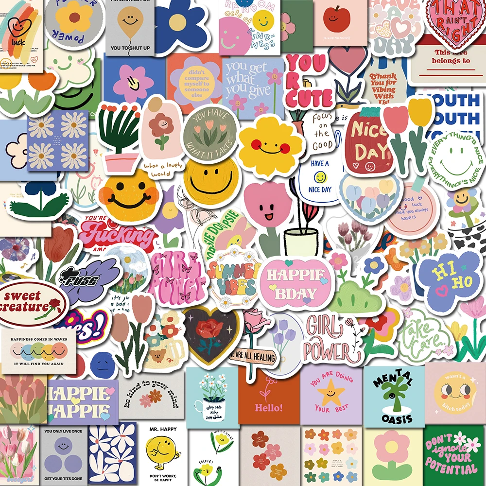 

90pcs Smiley Flowers Cartoon Cute Kawaii Stickers For DIY Kids Notebook Luggage Motorcycle Laptop Refrigerator Decals Graffiti