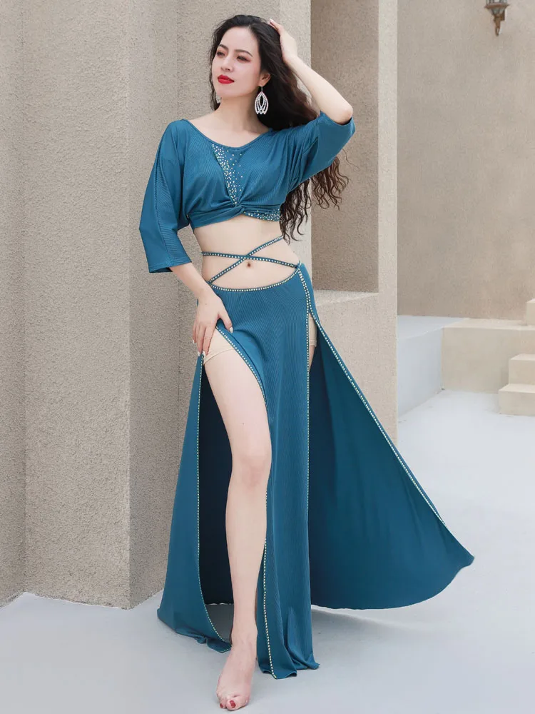 

Belly Dance Practice Clothes for Women Bellydance Long Sleeves+split Long Skirt 2pcs Girl's Professional Costumes Dance Outfit