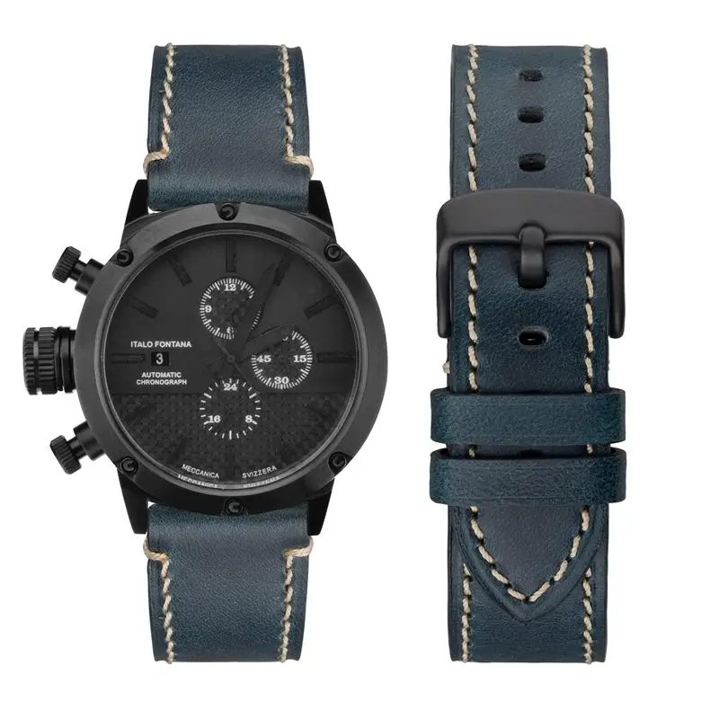 WOCCI Handmade Watch Band Men Genuine Leather Watch Strap 18mm 20mm 22mm 24mm Watchbands Bracelet Replacement Black Watch Buckle