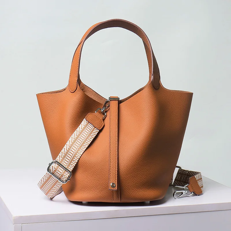

Luxury Handbag Genuine Leather Bucket Bag Lock Buckle Coin Purse Women's Lychee Top Layer Cowhide Designer Women's Bag