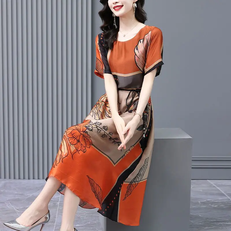 

Summer 2023 New Chinese Style Printing Satin O-neck Short Sleeve Vintage Dress Ladies Temperament Patchwork Loose Thin Dresses