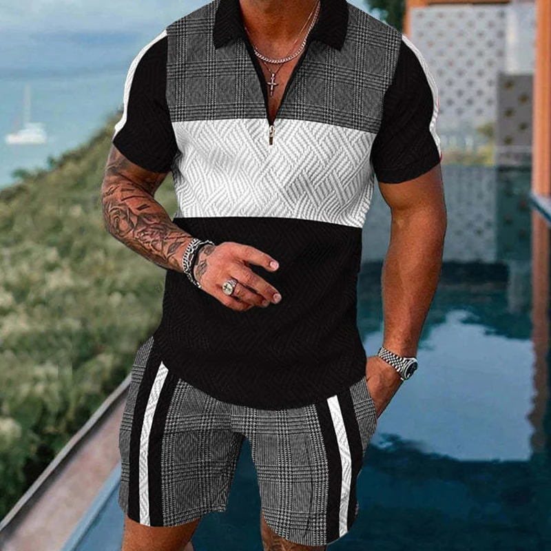 2023 New Men Polo Wear Fashion Brand Men Suit Striped Polo Shirt Suit Men's V-Neck Zipper Short Sleeve Polo Shirt + Shorts Suit