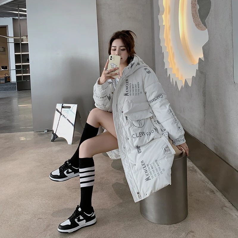 Women Down Parka Mid Length White Jacket Letter Printing Baggy Winter Waterproof Warm Feather Female Hooded Coat Puffer Outwear