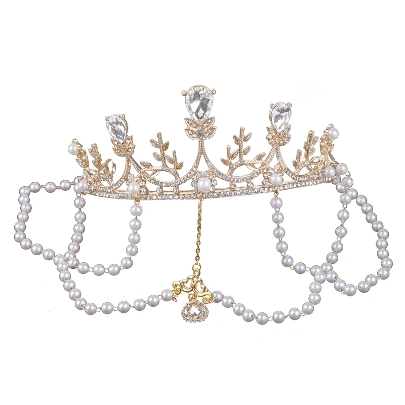 

F42F Girls Tiara Golden Crown Pearl Headband for rhinestone Princess Hairpiece Gem Hair Accessories for Flower Childre