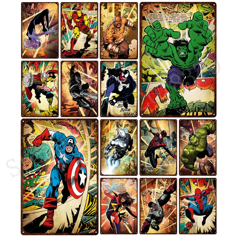 

Marvel Avengers Metal Sign Spiderman Iron Man Hulk Disney Movies Characters Tin Plaque Plates Wall Art Vintage Home Decor Murals