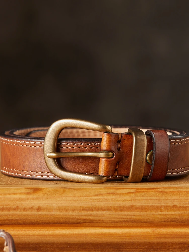 Handmade Full-grain Leather Pin Buckle Belt Women Genuine Brass Fashion Trendy Decorative All-Matching Je...