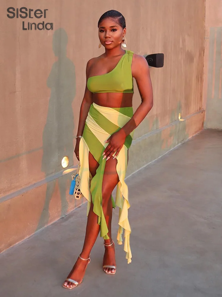 

Женский лоскутный костюм Sisterlinda, комплект из двух предметов, топ без рукавов с косым воротником и бандажная юбка с открытой спиной и юбка на ...