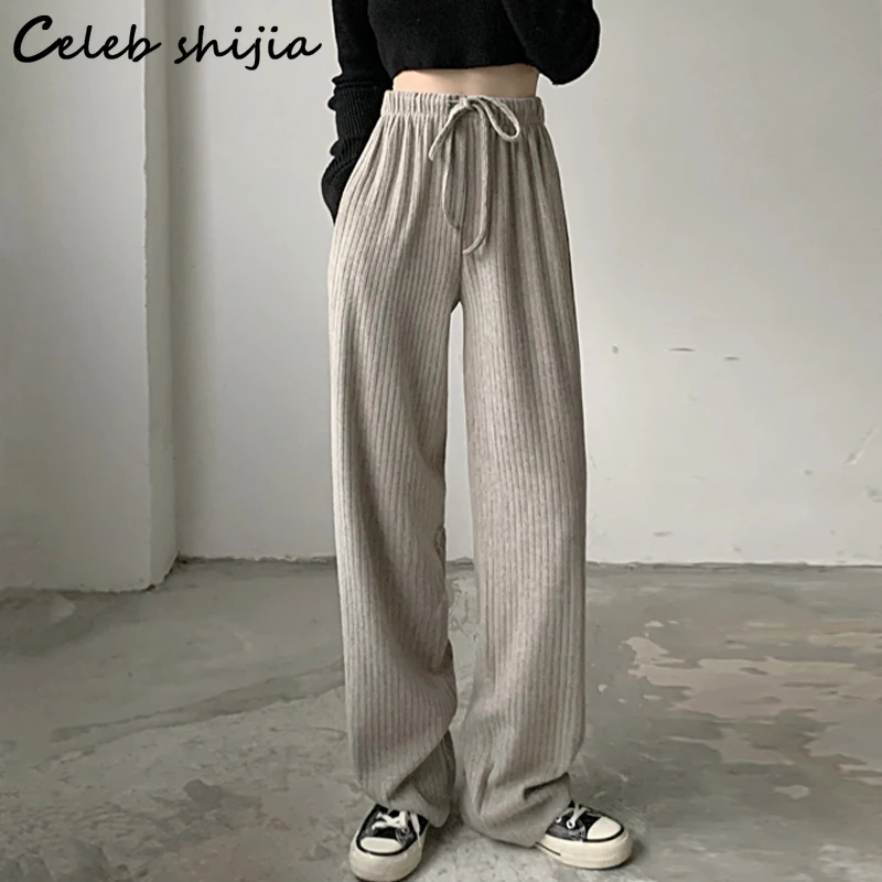 

Chic Strip Pants Women Streetwear High Waist Wide Leg Pants Women Gray Elastic Waist Bottoms Women Sweatpants Summer
