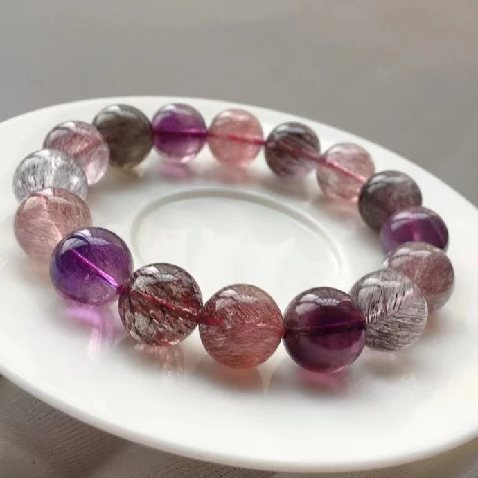 

Natural Purple Super 7 Lepidocrocite Bracelet Super Seven 13.2mm Clear Round Beads Purple Rutilated Quartz Women Men AAAAAA