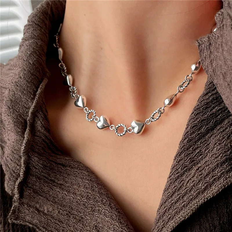 

Korean Version S925 Silver Peach Heart Necklace Ladies Retro Fashion Jewelry Collarbone Chain Temperament Hip Hop Sweater Chain