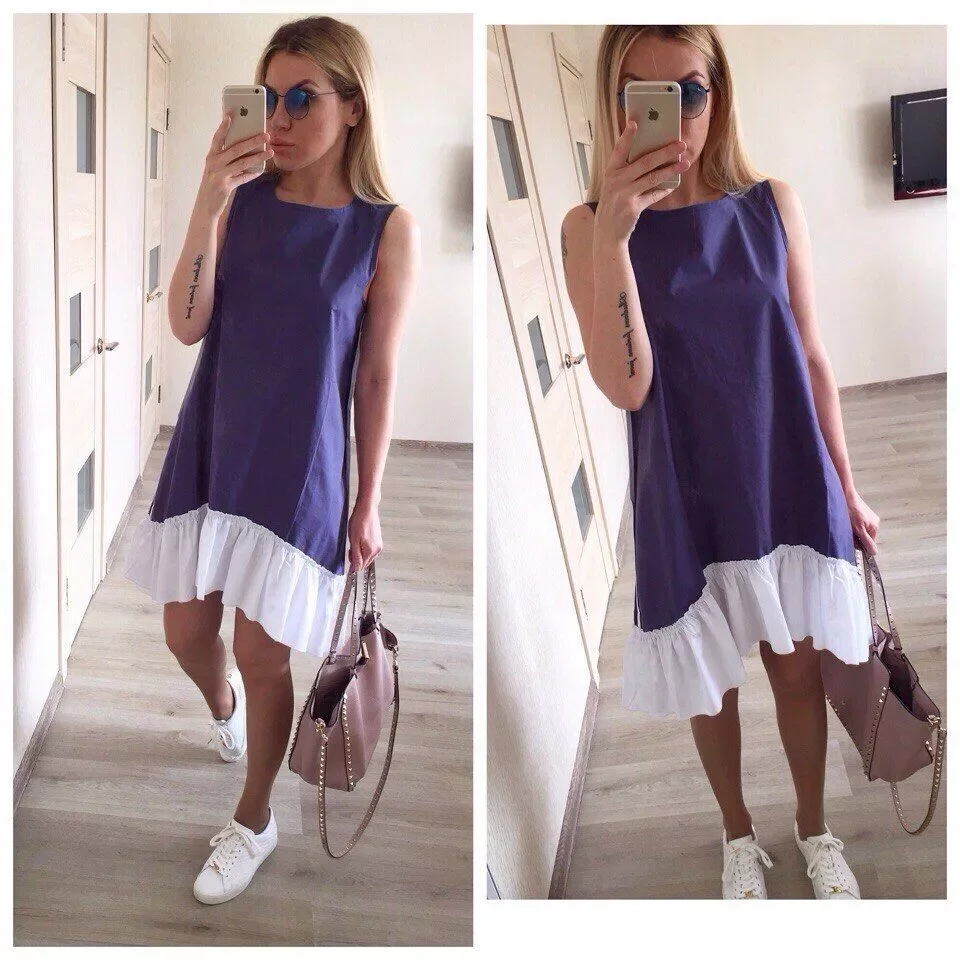 

Summer Dresses 2022 Casual Loose Patchwork Sleeveless Ruffles O-Neck Mini Dress Fashion Women Dress Vestidos