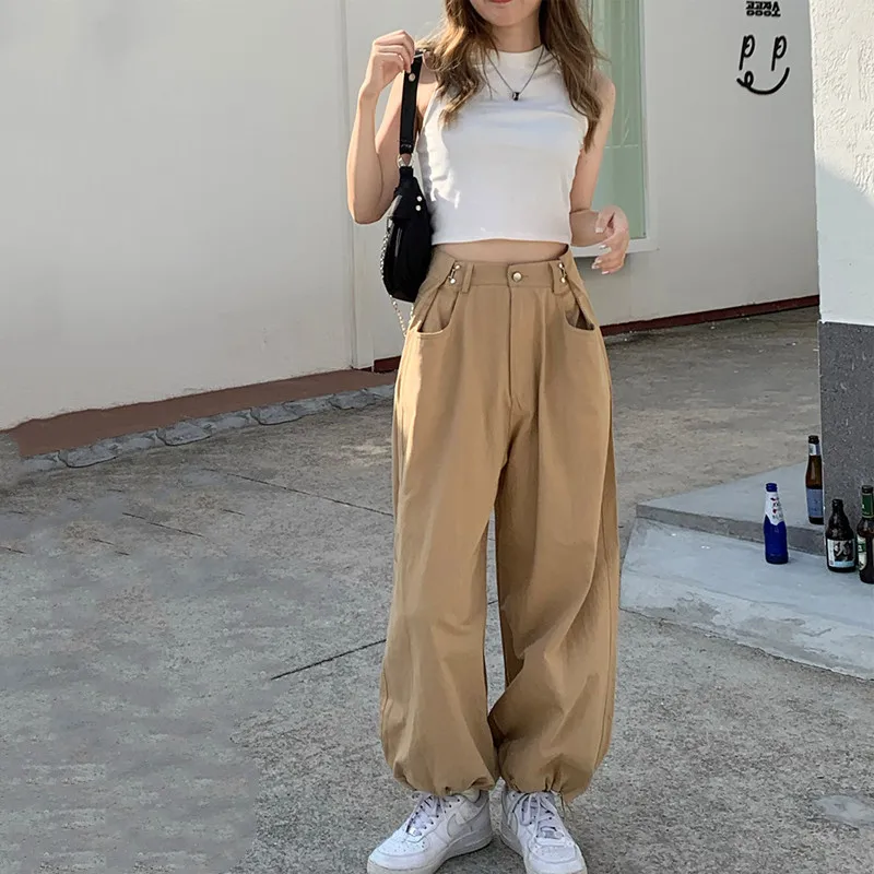 

Khaki overalls women spring and autumn thin loose high waist jazz dance casual pants pull rope tie feet show thin pants tide