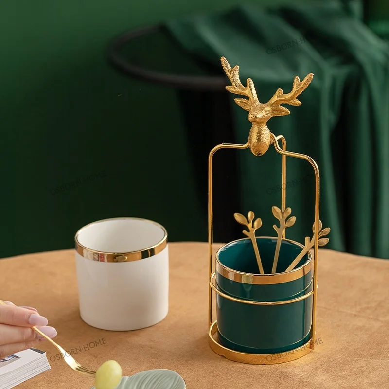 

High Quality Kitchen Fruit Fork Spoon Storage Gold Frame Ceramic Cutlery Utensil Holder Set Desktop Cosmetic Pencil Storage Rack