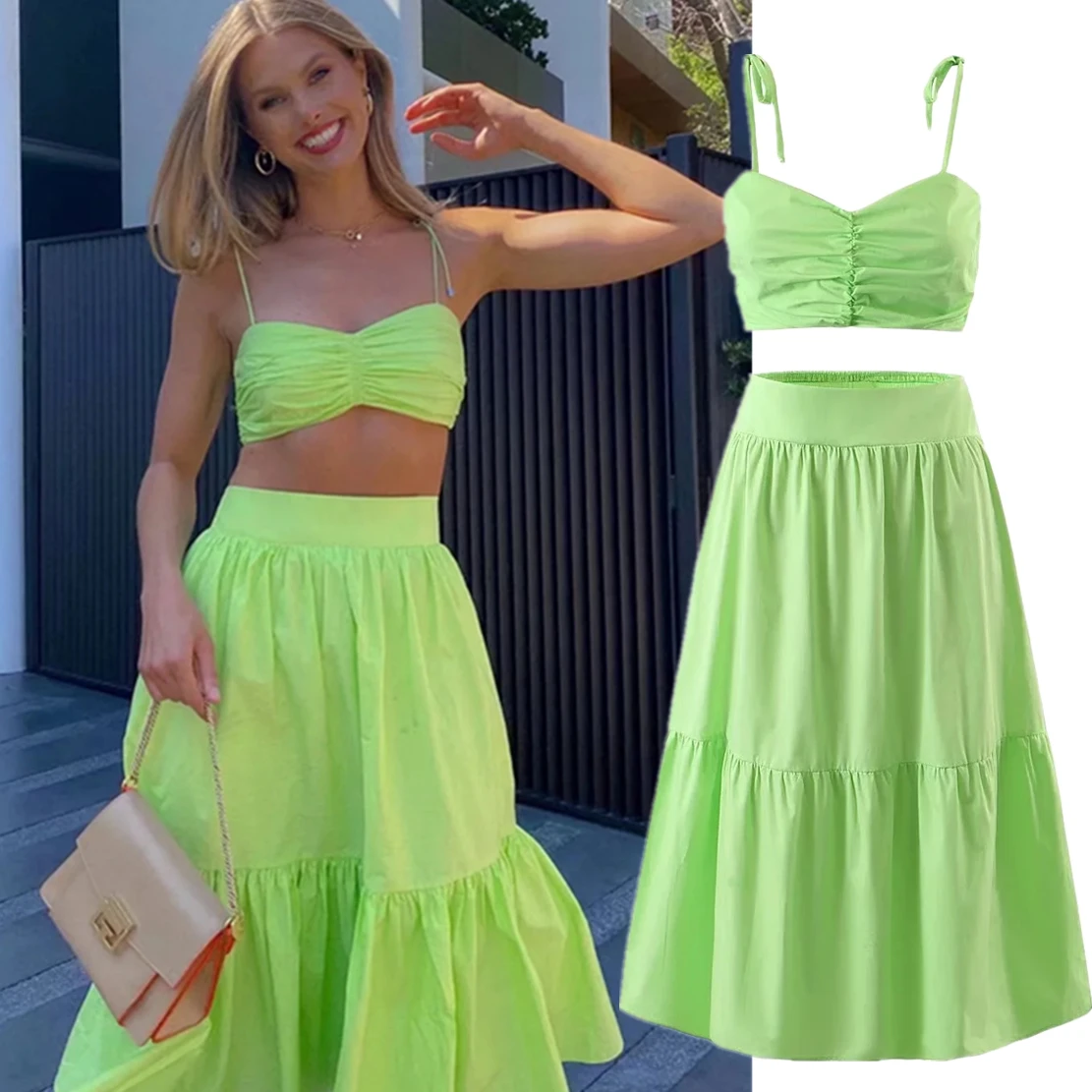 

Elmsk Fashion High Wasit A-line Midi SKirts Sets Women Ins Blogger Vintage Fluorescent Green Pleated Camisole Short Tops
