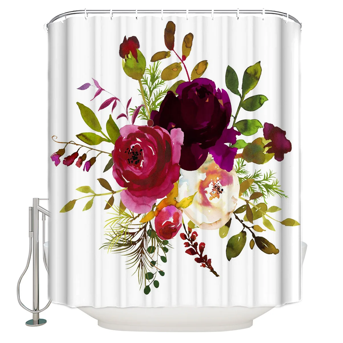 

Flower Watercolor Bouquet Shower Curtain Eco-Friendly Bath Curtain with Hooks Polyester Waterproof Curtain Bathroom Decor