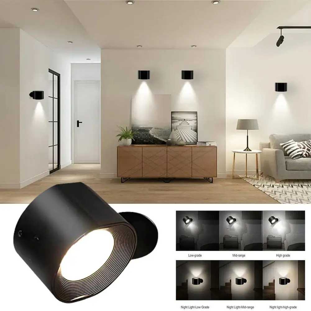 

Led Wall Lamp 360° Rotating Control Luminous Adjustable Brightness Usb Rechargeable Bedside 3 Brightness Levels Reading Lights