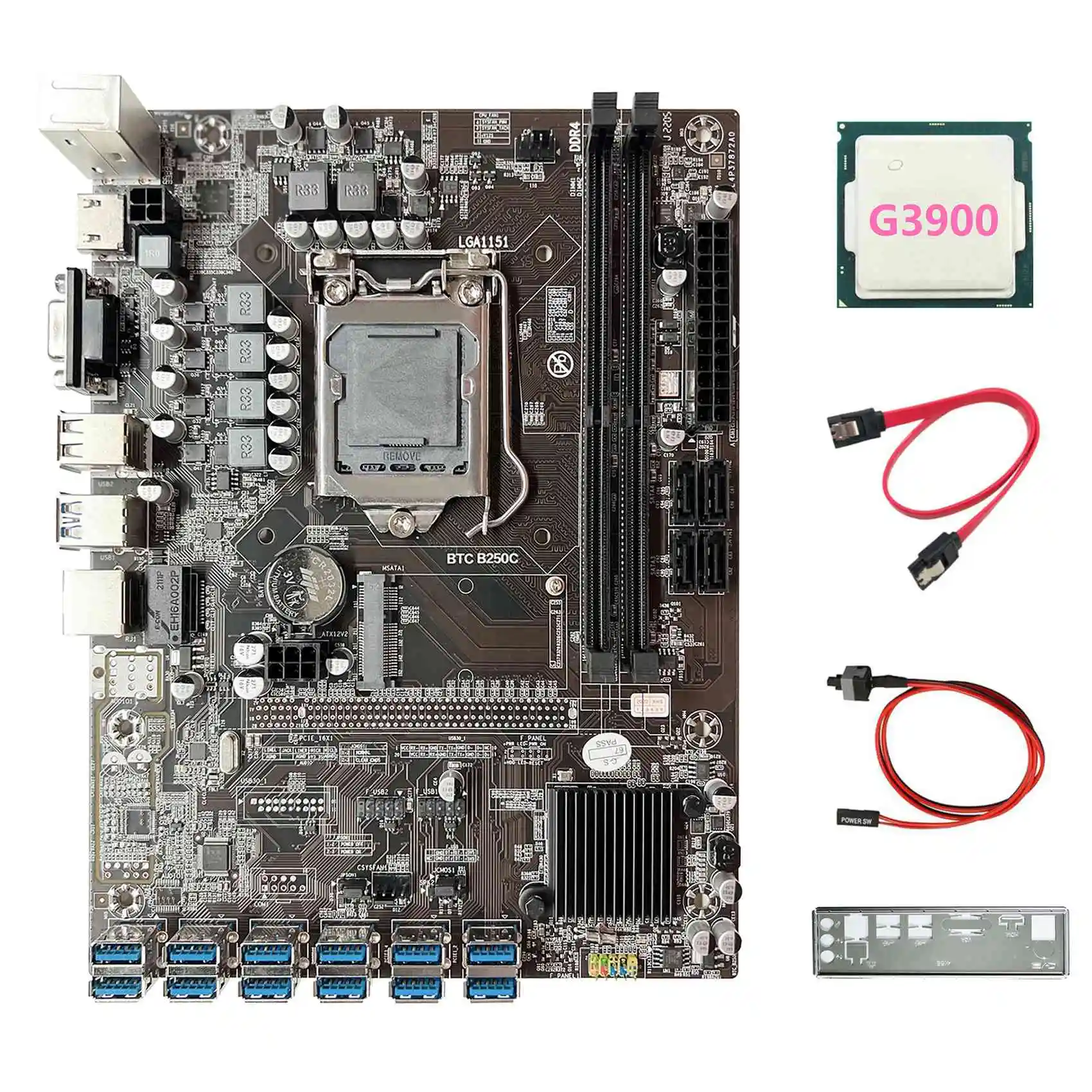 

B250C ETH Miner Motherboard+G3900 CPU+Baffle+SATA Cable+Switch Cable 12USB3.0 Graphics Card Slot LGA1151 for BTC