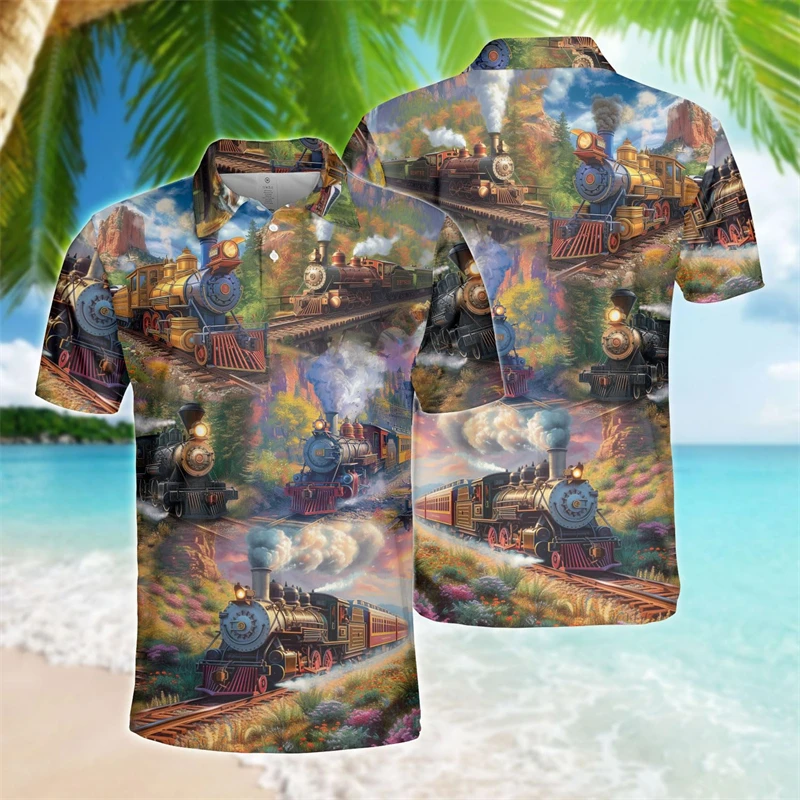 Рубашка-поло мужская с 3D-принтом винтажная коротким рукавом на пуговицах