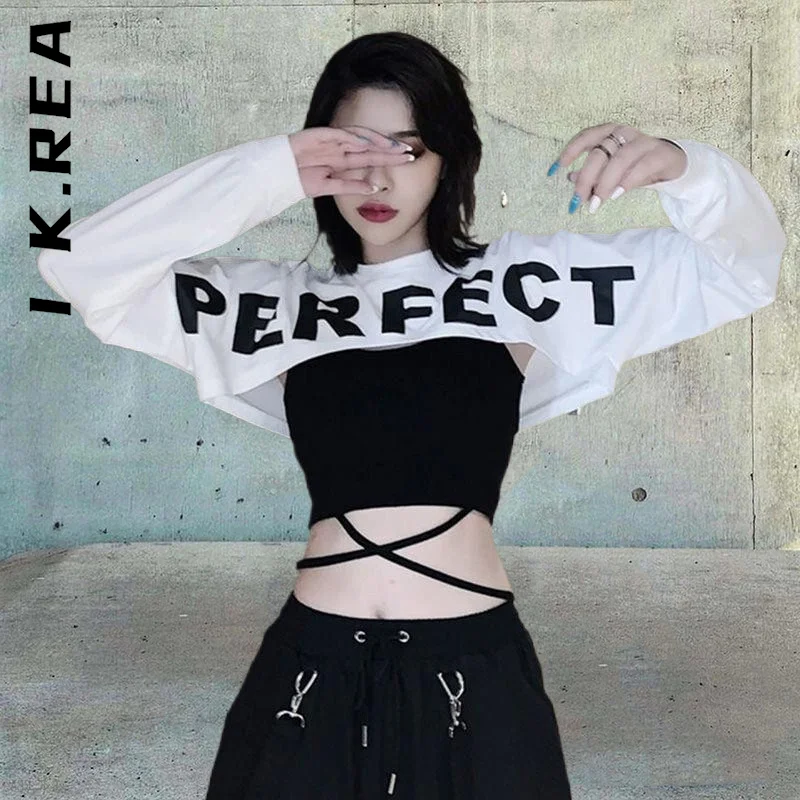 

I K.Rea Letter Printing Bandage Crop Tops Spaghetti Strap Camis 2 Piece Set Elegant Long Sleeve Women's Tracksuit Set Female