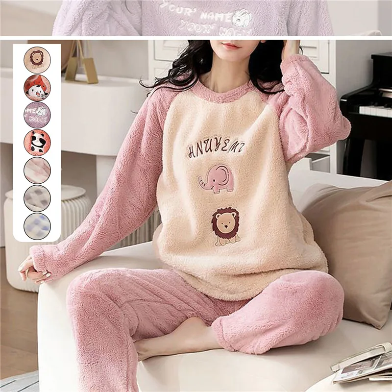 Free Shipping Winter Thickened Warm Woolen Pajamas Set Women'S Long Sleeved Cute Flannel Cartoon Home Clothes Suit