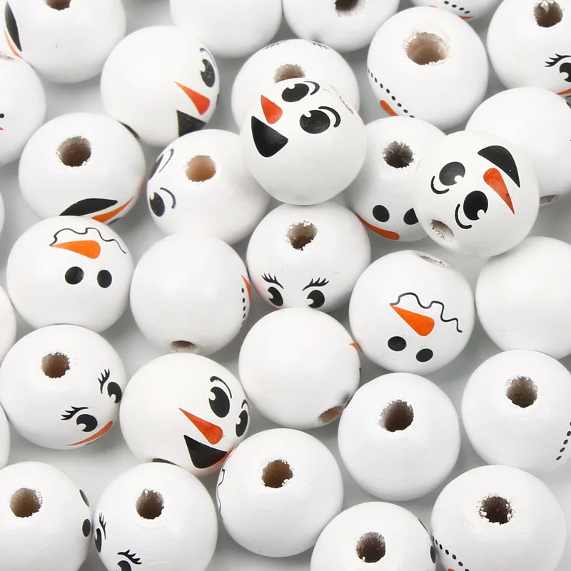 

10/20/30pcs 15mm Round Xmas Snowman Natural Wooden Beads Christmas Spacer Loose Beads For Jewelry Making DIY Accessories