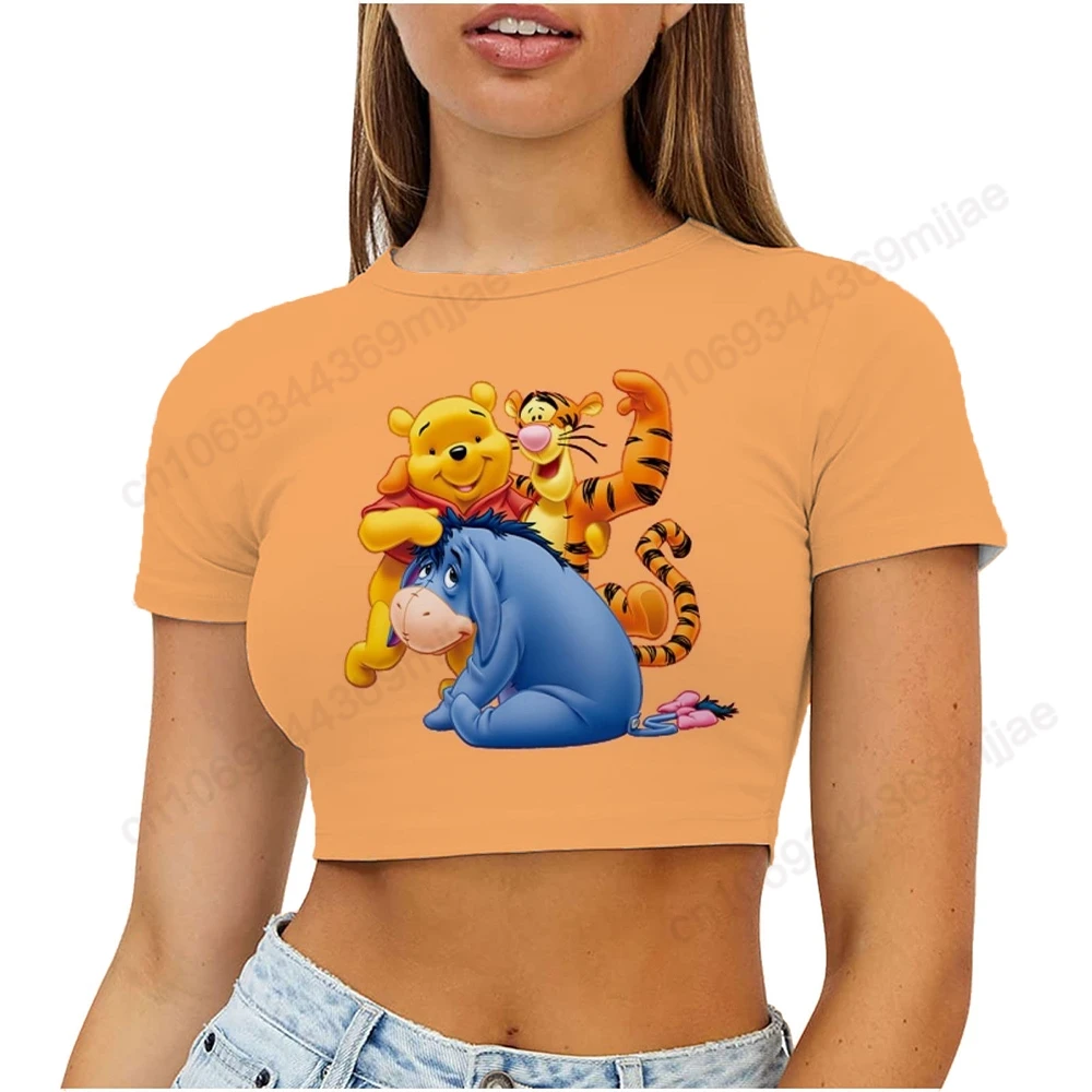 

Disney Anime T Shirts for Women Round Neck Women's T-shirts Winnie the Pooh Sexy High Woman Summer 2023 Short Top T-shirt Kpop