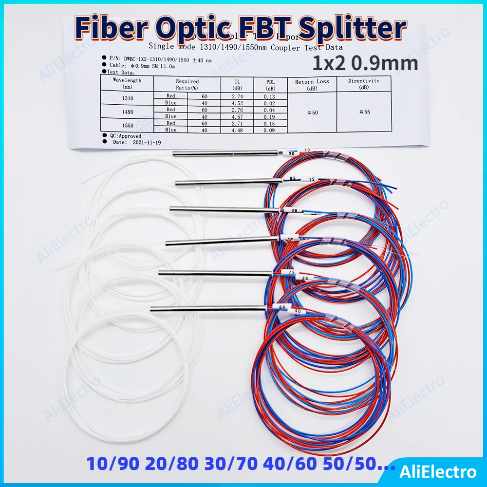10 шт. волоконно-оптический FBT сплиттер 10/90 20/80 30/70 40/60 50/50 различных типов 1x2 0,9 мм несбалансированный соединитель без разъемов