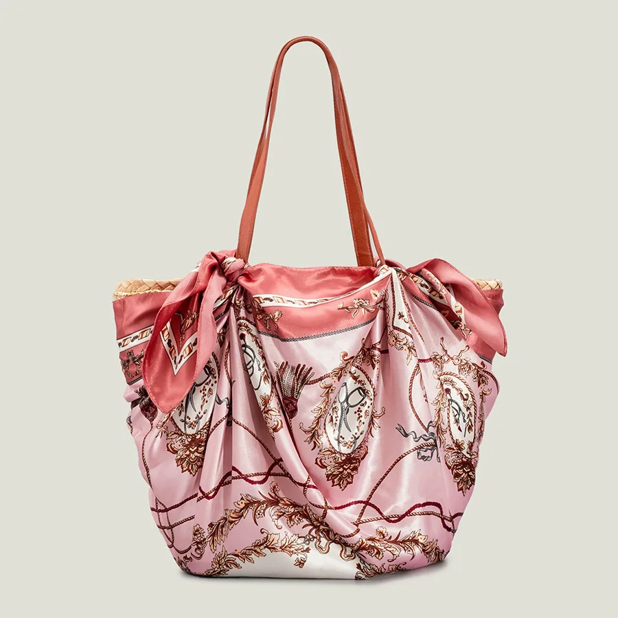 

New 2022 Summer Handbag Sraw Shoulder Bag For Women, Vintage Style Bag For Beach, Lux Replica With Silk Scarf, Summer Tote Lady