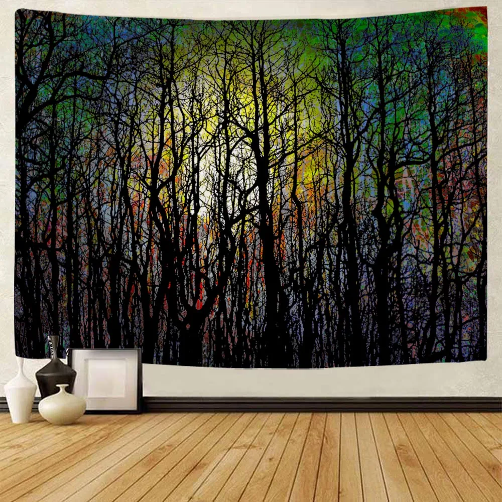 

Colorful forest tapestry, sunrise and sunset, oil painting, wall hanging cloth, Bohemian art decoration, room wall decoration