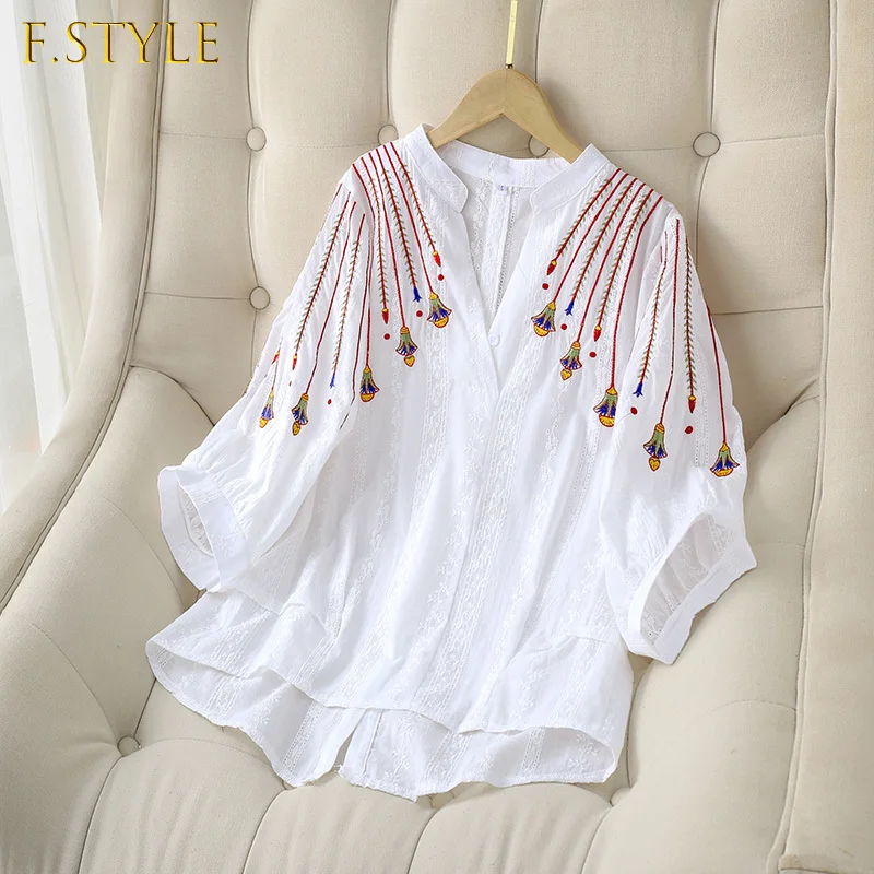 Enlarge Embroidery Flower White Women Shirts Summer Vintage 2022 V-Neck Half Sleeved Loose Elegant Female Outwear Coats Tops