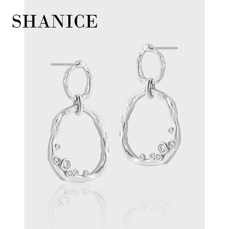 

SHANICE Insider's Cool Style Individualized Advanced Double Ring Hollow out Diamond Design S925 Pure Silver Ear Stud Earrings