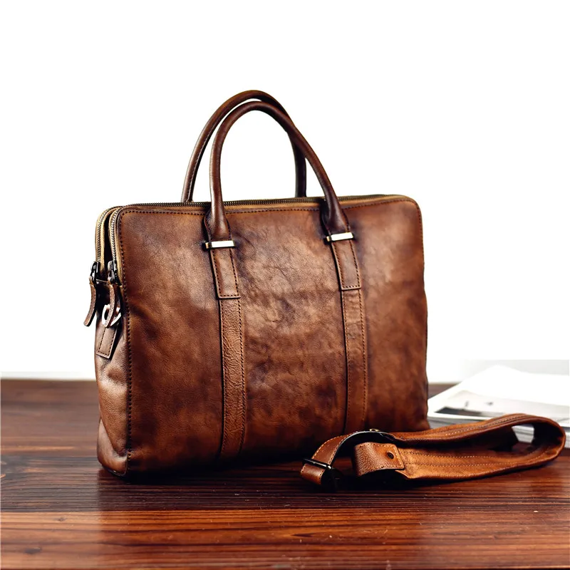 Vintage fashion luxury natural real leather men's large-capacity briefcase casual daily work computer handbag lady messenger bag