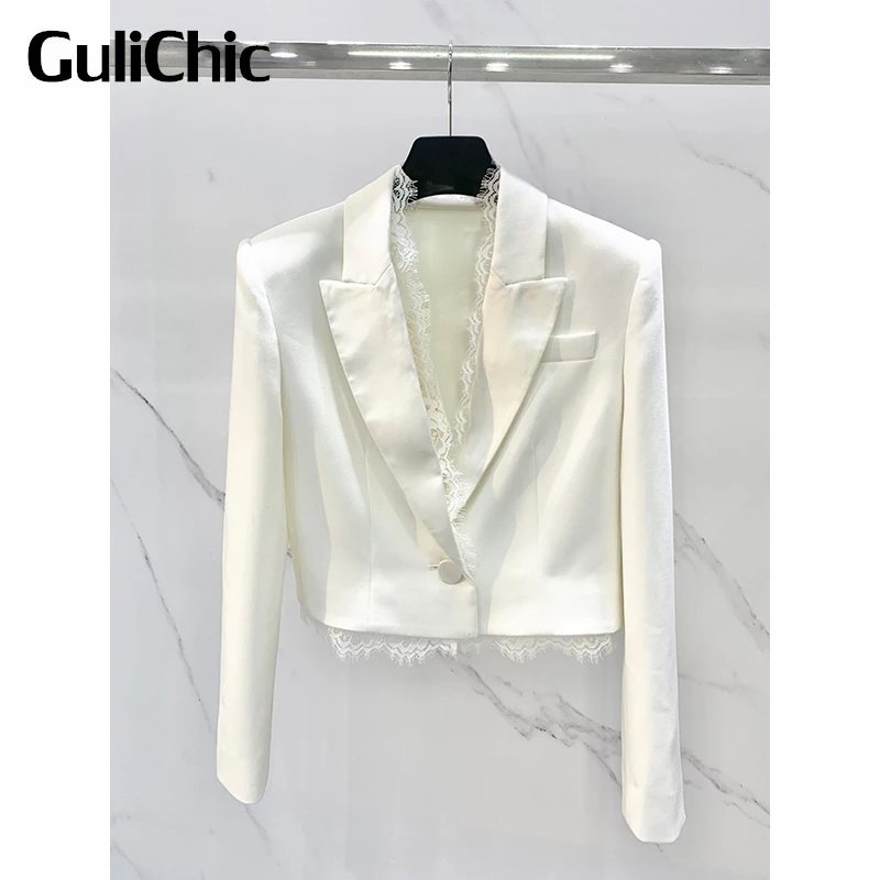 

3.12 GuliChic Lace Patchwork Lapel Wool Fashion Short Blazer Jacket Women